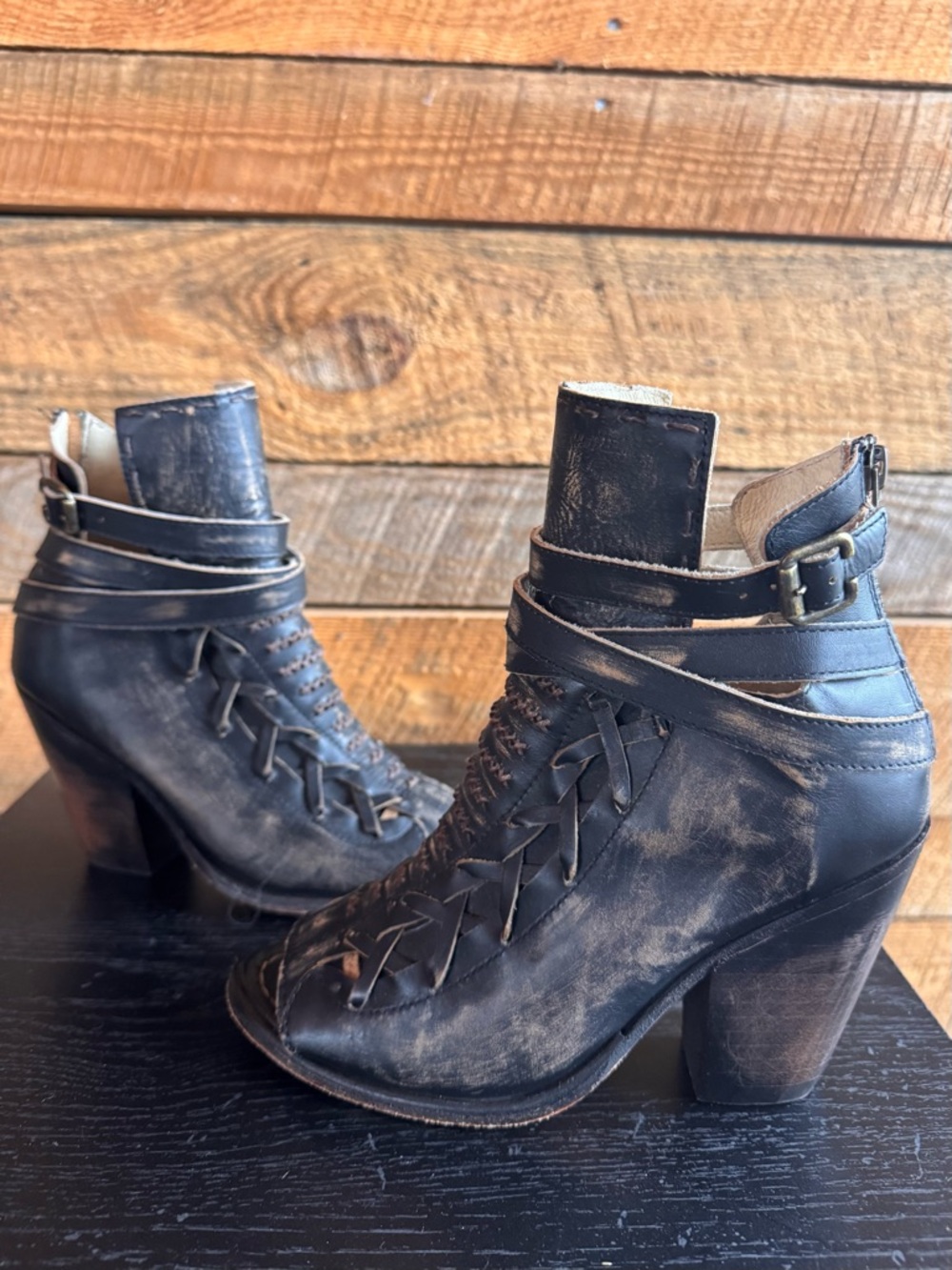 Freebird Eagle Black Leather Open Toe Rustic Heeled Bootie  in size 7 in EUC